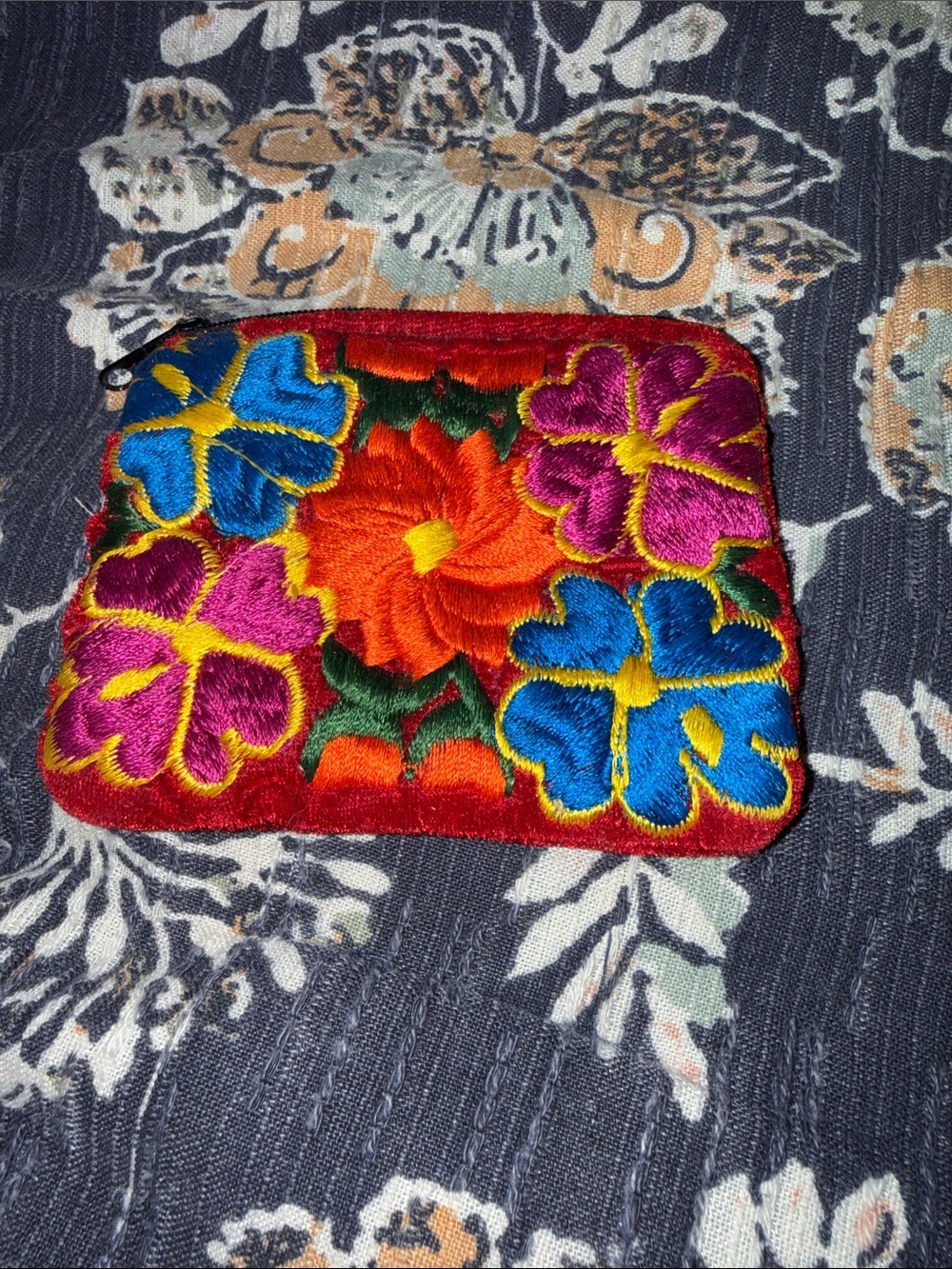 Embroidered Floral Coin Pouch - Red with Multicolor Flowers